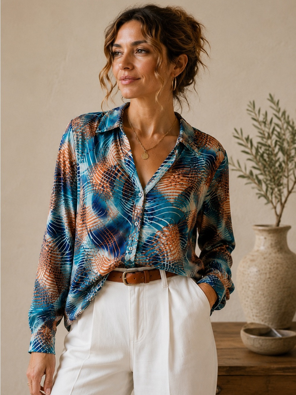 Aldila Vintage Abstract Print Blouse Blue Orange Ruched Sleeve Large